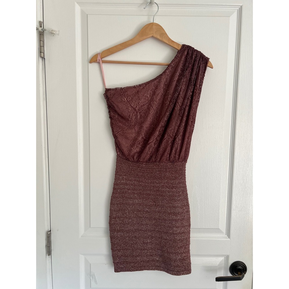 WOW Couture Bronze Metallic Bandage Dress One Shoulder Y2K Bodycon Clubwear S